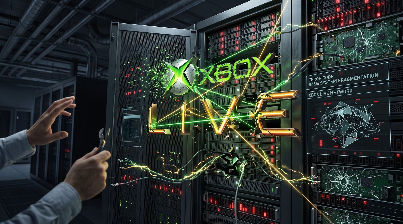 Uma pessoa segurando alicates enfrenta um rack de servidores exibindo um logotipo do Xbox Live, códigos de erro e gráficos digitais com efeitos de relâmpago verde e efeitos quebrados.